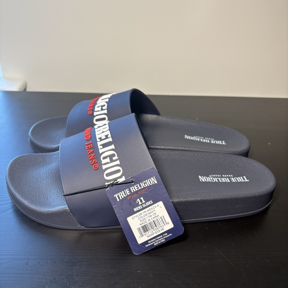 True Religion Mens Slides Sandals Slippers Shoes Flip Flops Blue Size 11 NWT